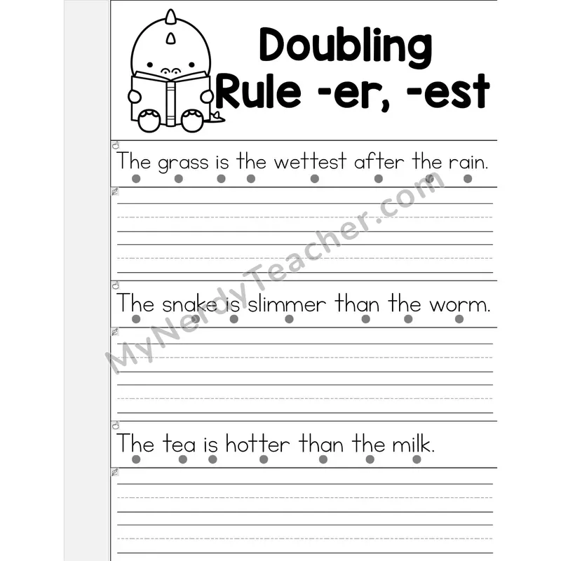 Suffix Spelling Changes: Doubling Rule (-er, -est) Phonics Flip Book — Read & Write the Sentence — B&W