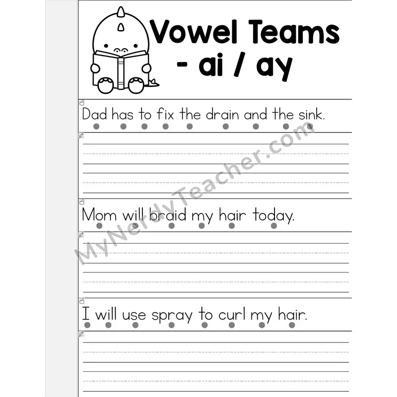 AI/AY Vowel Teams Phonics Flip Book — Read & Write the Sentence — B&W