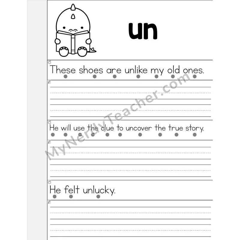 Prefix UN- Phonics Flip Book — Read & Write the Sentence — B&W