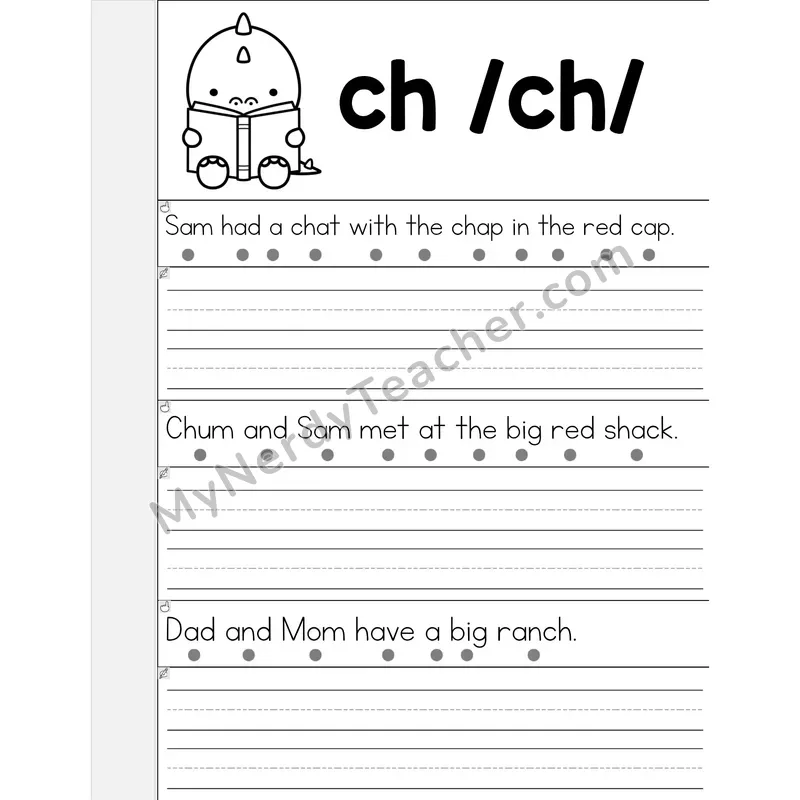 CH Digraph Phonics Flip Book — Read & Write the Sentence — B&W