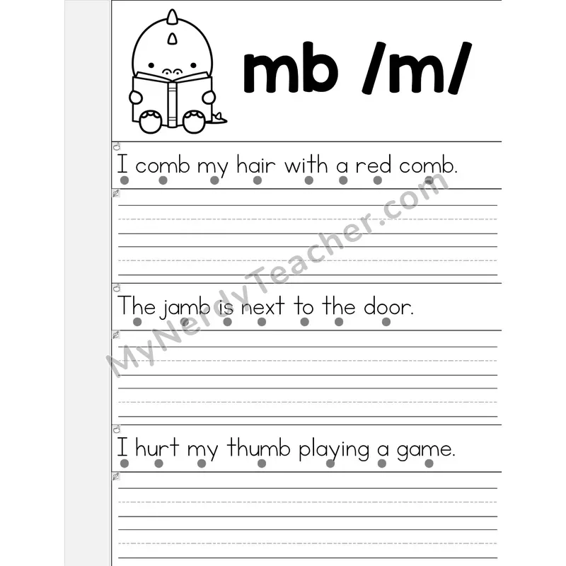 MB Silent Letter Phonics Flip Book — Read & Write the Sentence — B&W