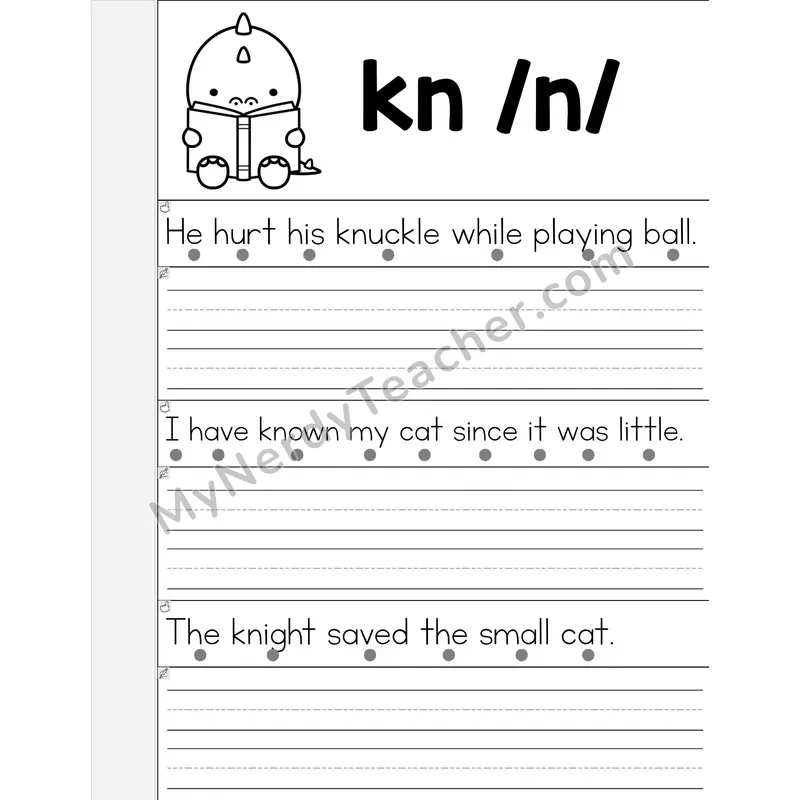 KN Silent Letter Phonics Flip Book — Read & Write the Sentence — B&W