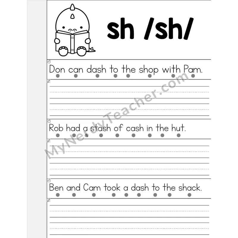 SH Digraph Phonics Flip Book — Read & Write the Sentence — B&W