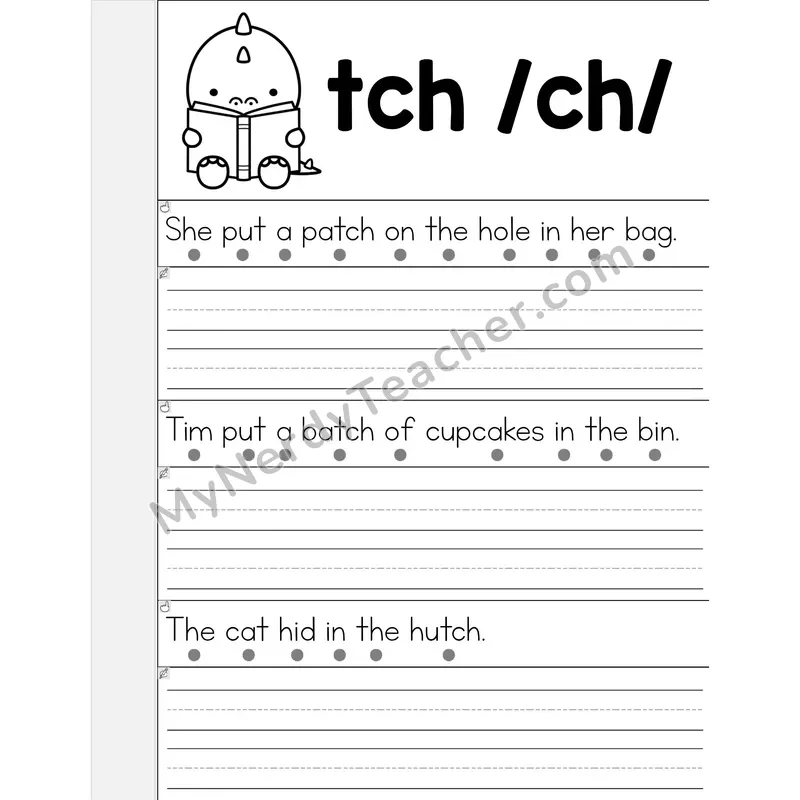 TCH Trigraph Phonics Flip Book — Read & Write the Sentence — B&W