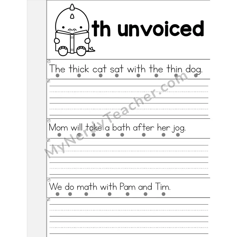 TH (Unvoiced) Digraph Phonics Flip Book — Read & Write the Sentence — B&W