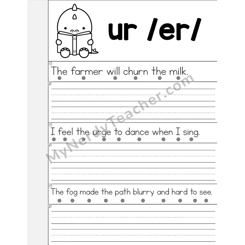 UR R-Controlled Vowel Phonics Flip Book — Read & Write the Sentence — B&W