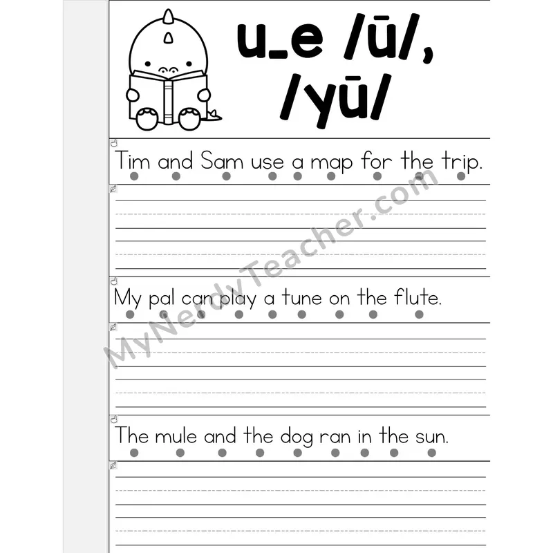 U_E (Long U) VCe Phonics Flip Book — Read & Write the Sentence — B&W