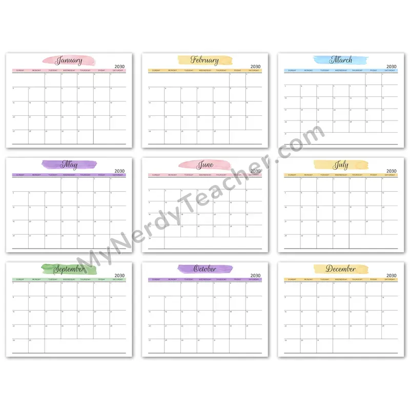 Editable 2030 Monthly Calendar — Watercolor 7-day Layout