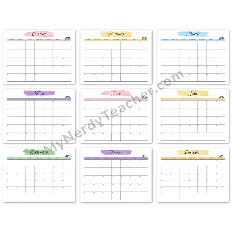 Editable 2029 Monthly Calendar — Watercolor 7-day Layout