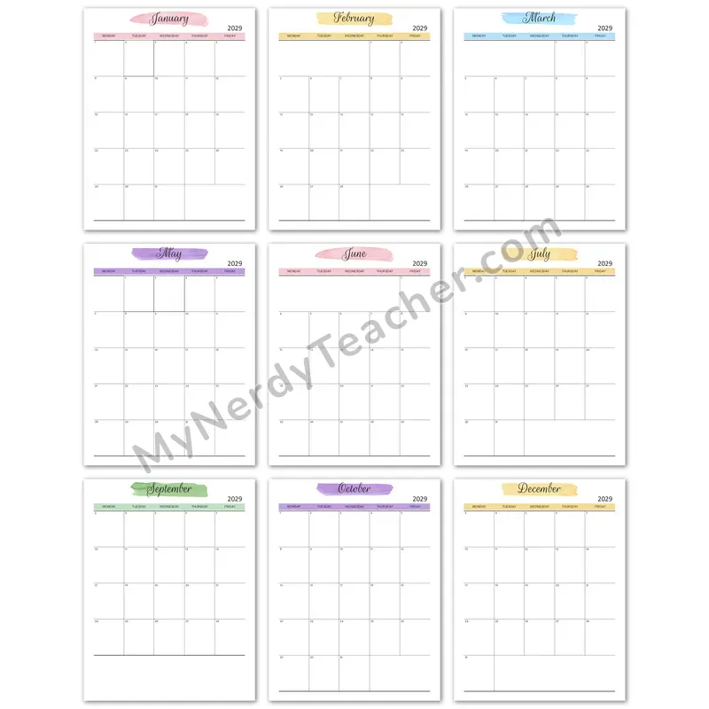 Editable 2029 Monthly Calendar — Watercolor 5-day Layout