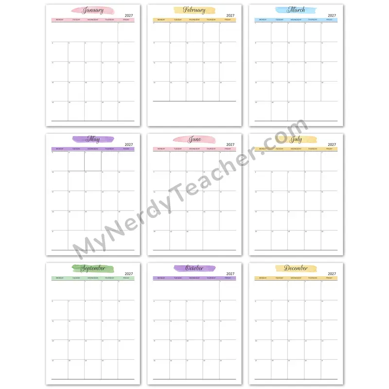 Editable 2027 Monthly Calendar — Watercolor 5-day Layout