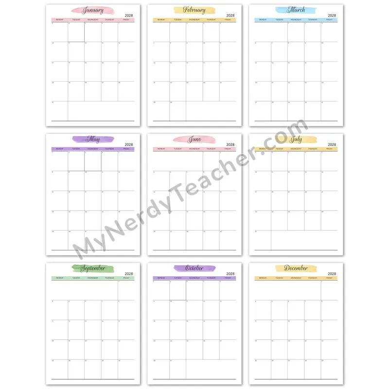 Editable 2028 Monthly Calendar — Watercolor 5-day Layout