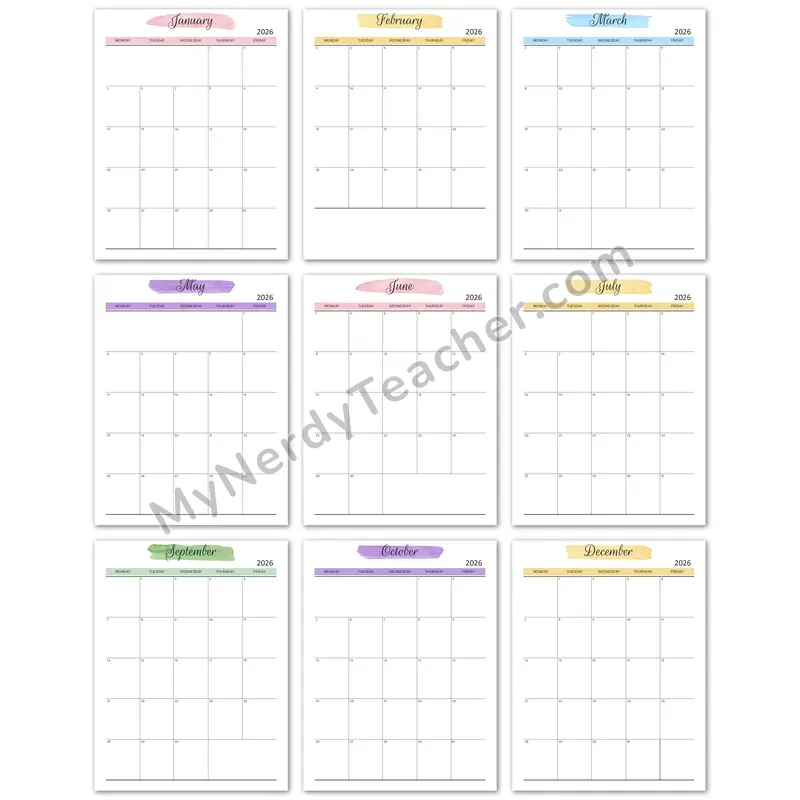 Editable 2026 Monthly Calendar — Watercolor 5-day Layout