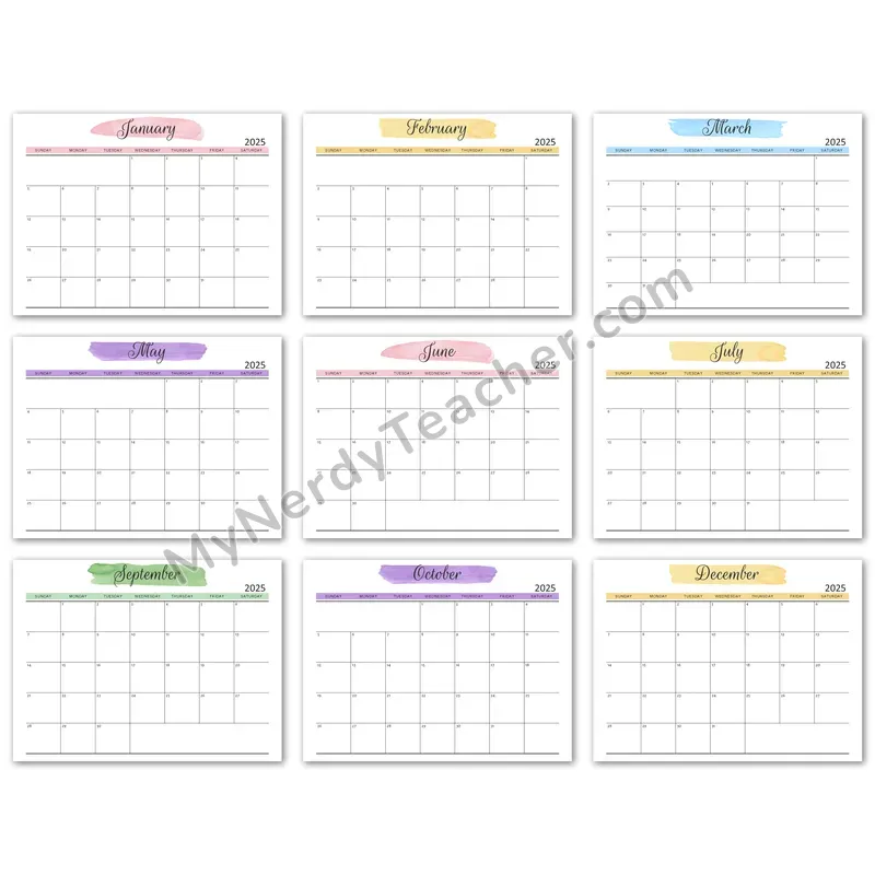 Editable 2025 Monthly Calendar — Watercolor 7-day Layout