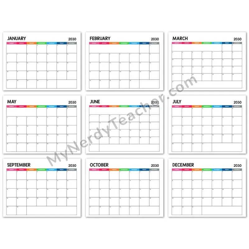 Editable 2030 Monthly Calendar — Rainbow 7-day Layout