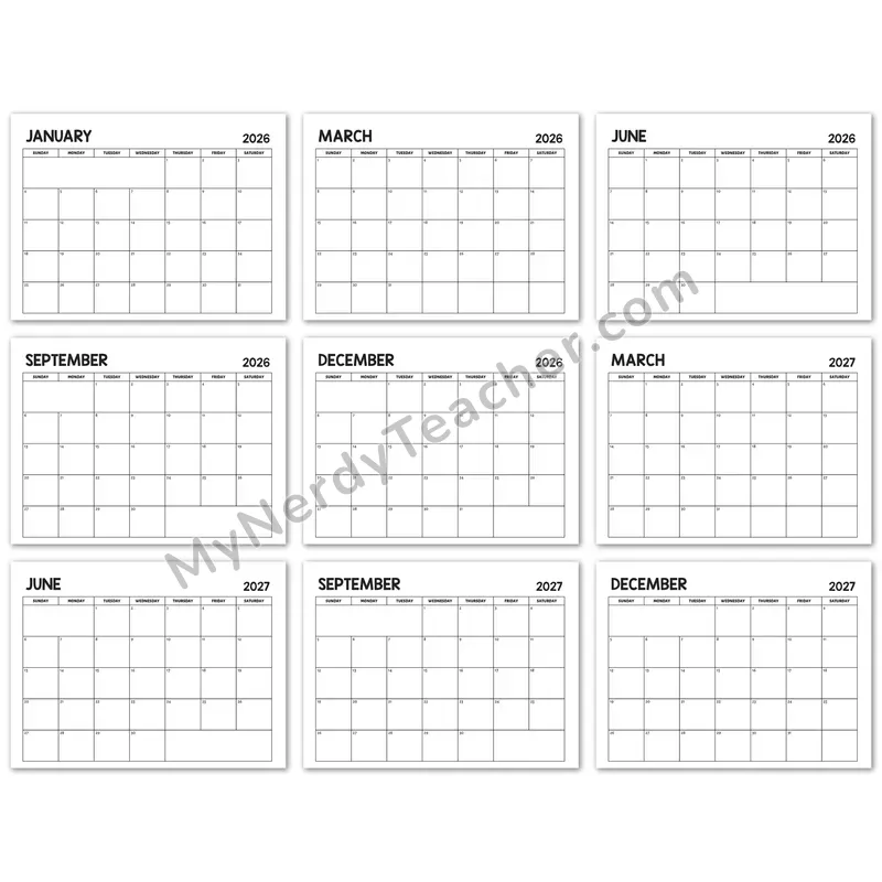 Editable 2026-2027 Monthly Calendar — Rainbow Series Black and White 7-day Layout