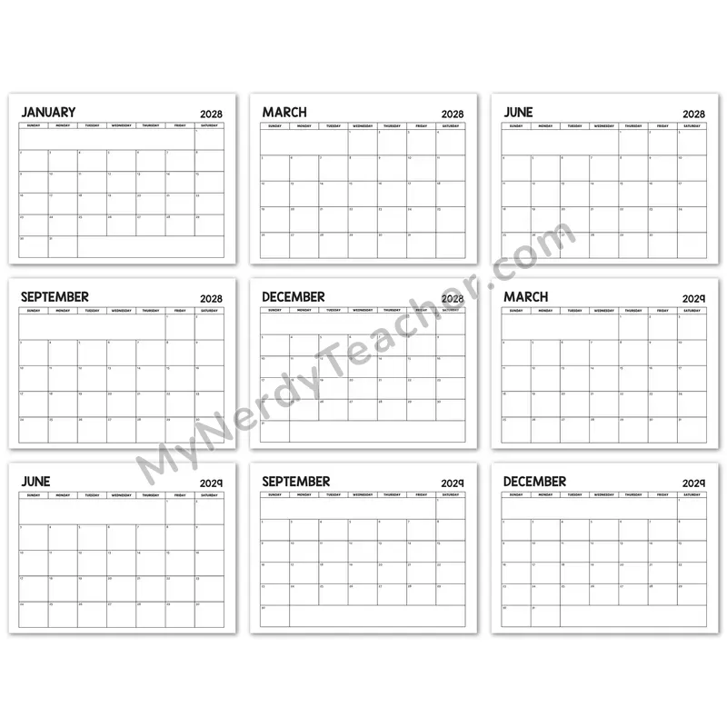 Editable 2028-2029 Monthly Calendar — Rainbow Series Black and White 7-day Layout