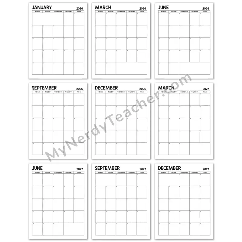 Editable 2026-2027 Monthly Calendar — Rainbow Series Black and White 5-day Layout