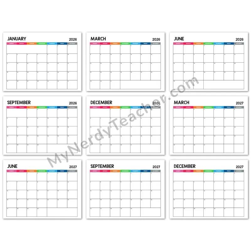 Editable 2026-2027 Monthly Calendar — Rainbow 7-day Layout