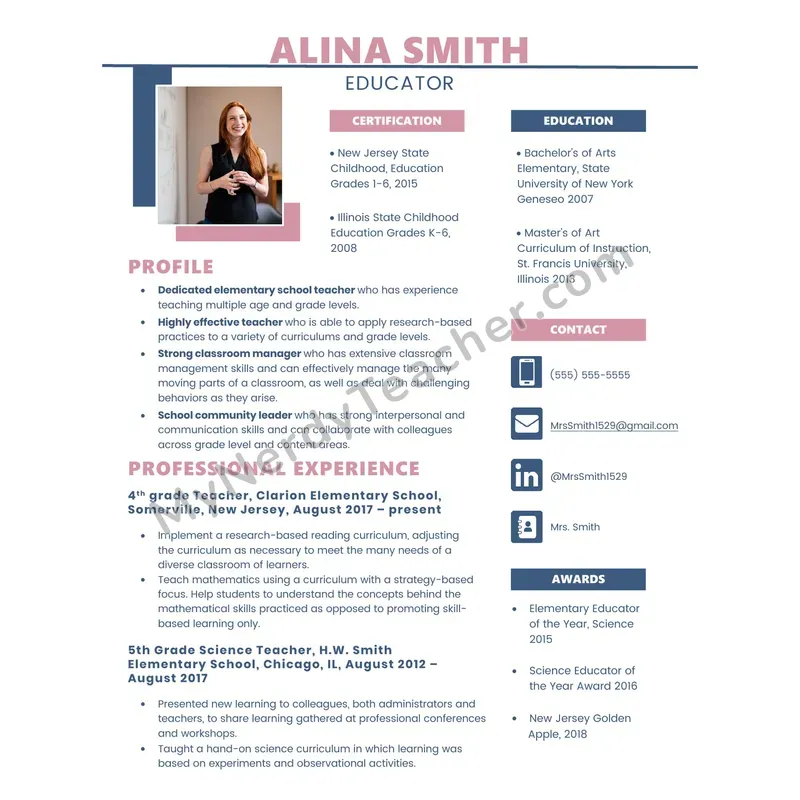 Editable Teacher Resume Template — 1-Page Layout