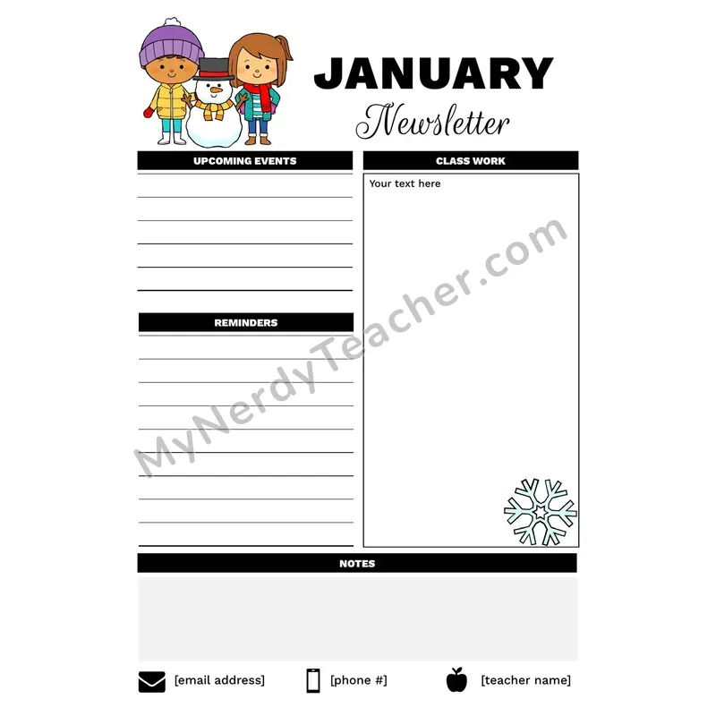 Monthly Classroom Newsletter Template — Editable Black and White
