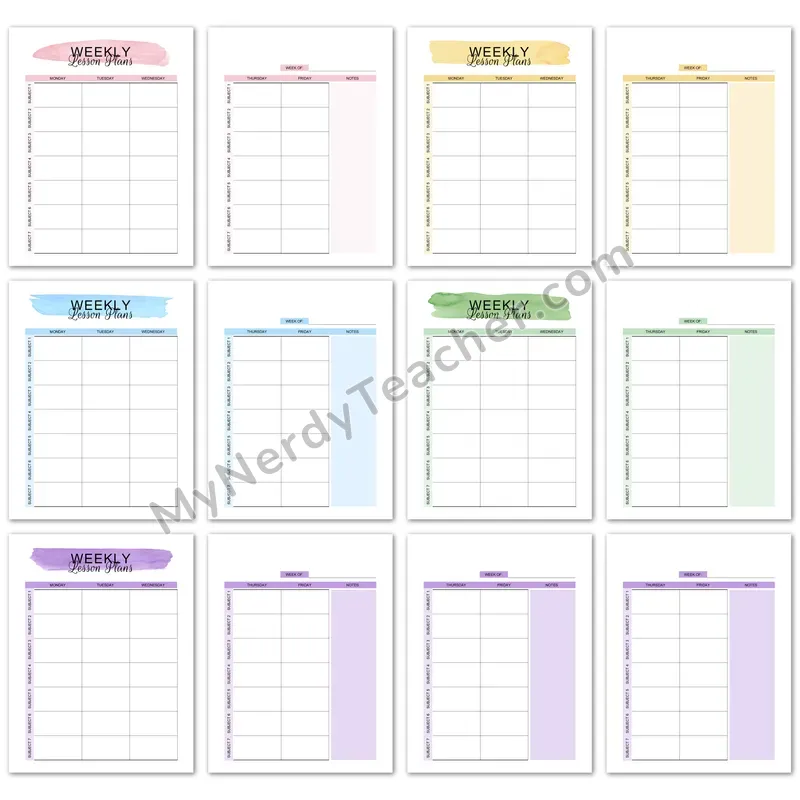 Editable Weekly Lesson Plan Template — 7 Subjects per Page