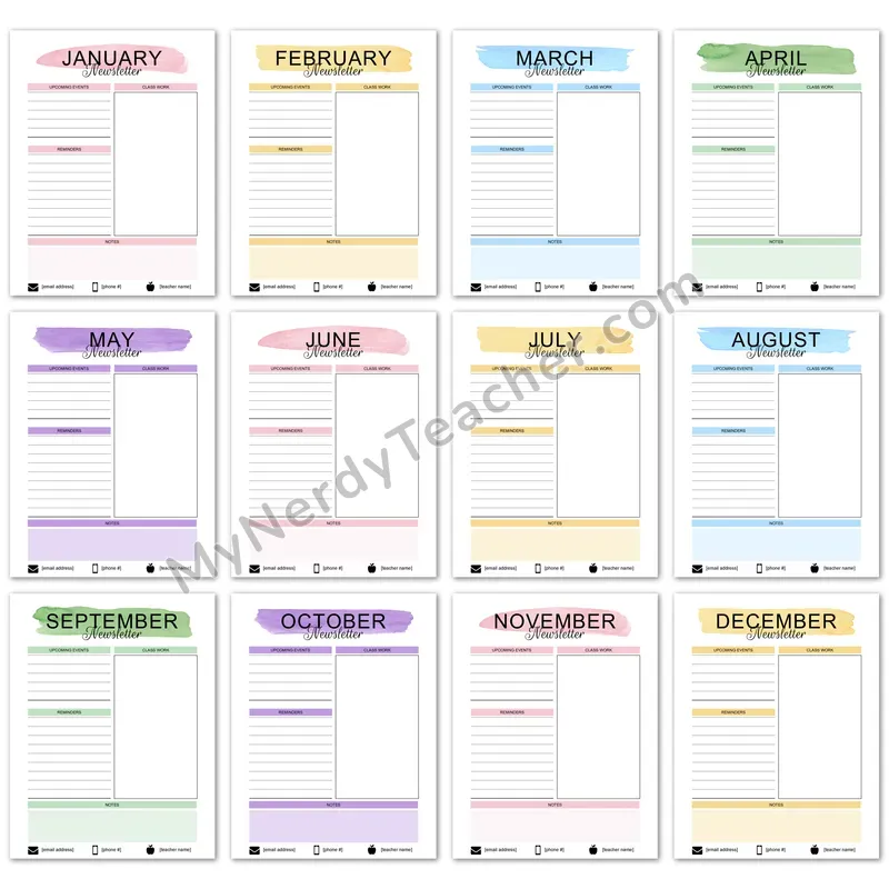 Monthly Classroom Newsletter Template — Editable Watercolor Design