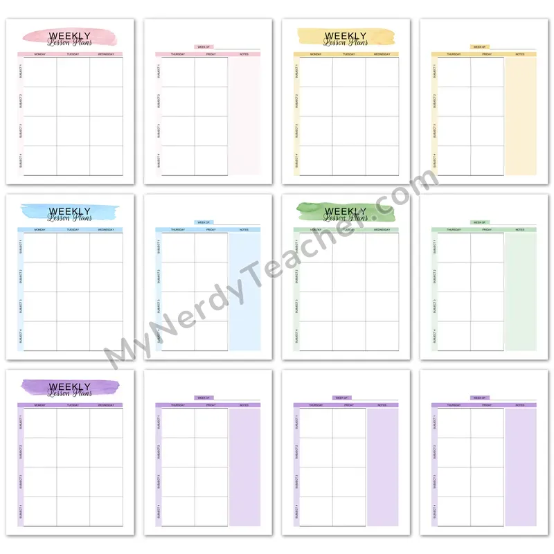 Editable Weekly Lesson Plan Template — 4 Subjects per Page