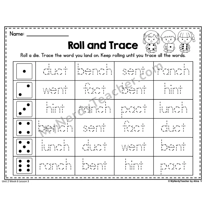 -NCH, -NT, -CT Roll and Trace Worksheet — Nch, Nt, Ct Ending Blends And Digraphs Word Tracing (Set 2)