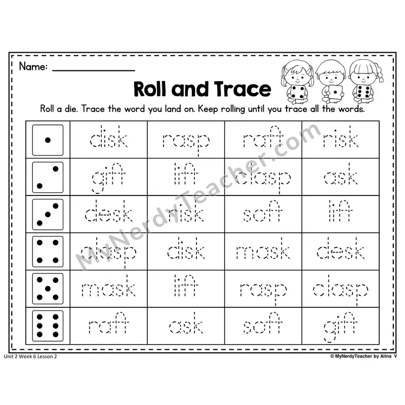 -SK, -FT, -SP Roll and Trace Worksheet — Sk, Ft, Sp Ending Blends Word Tracing (Set 2)