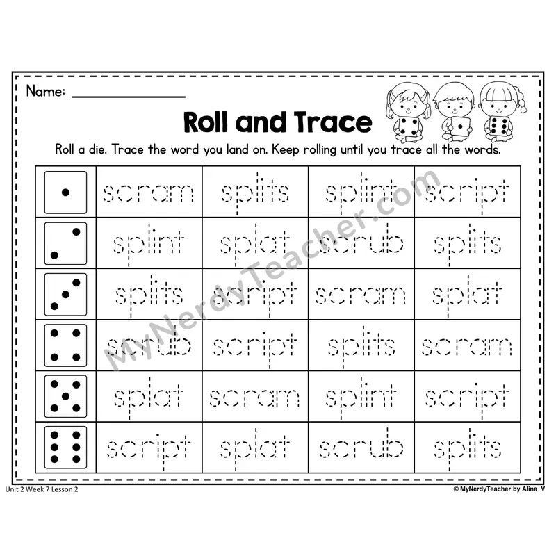 SCR, SPL, SPR Roll and Trace Worksheet — Scr, Spl, Spr 3-Letter Blends Word Tracing (Set 2)
