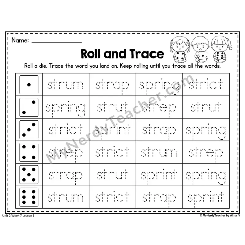 STR, SPR, SCR Roll and Trace Worksheet — Str, Spr, Scr 3-Letter Blends Word Tracing (Set 2)