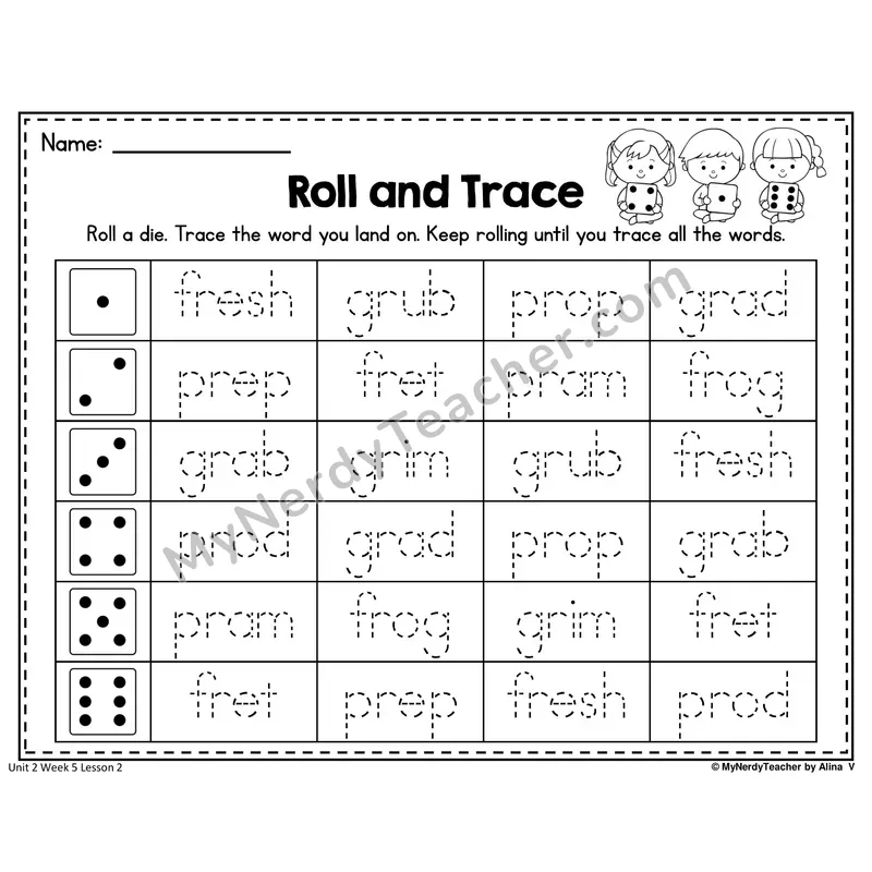 FR, GR, PR Roll and Trace Worksheet — Fr, Gr, Pr R-Blends Word Tracing (Set 2)