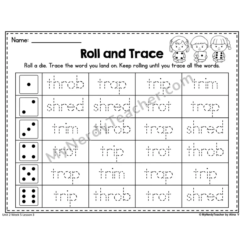 TR, SHR, THR Roll and Trace Worksheet — Tr, Shr, Thr Blends And Digraphs Word Tracing (Set 2)