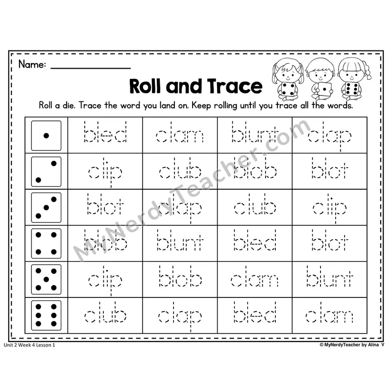 BL, CL Roll and Trace Worksheet — Bl, Cl L-Blends Word Tracing (Set 2)