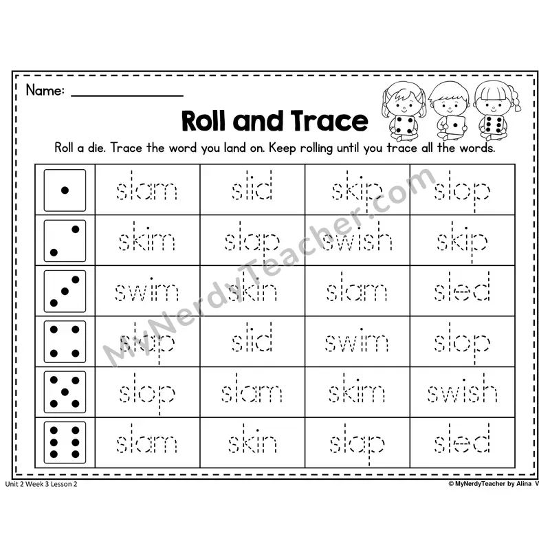SL, SK, SW Roll and Trace Worksheet — Sl, Sk, Sw S-Blends Word Tracing (Set 2)