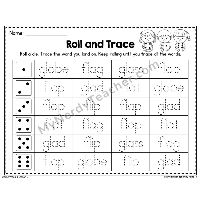 FL, GL Roll and Trace Worksheet — Fl, Gl L-Blends Word Tracing (Set 2)