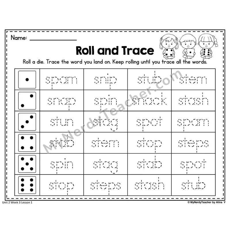 SP, ST, SN Roll and Trace Worksheet — Sp, St, Sn S-Blends Word Tracing (Set 2)