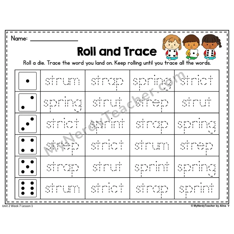 STR, SPR, SCR Roll and Trace Worksheet — Str, Spr, Scr 3-Letter Blends Word Tracing