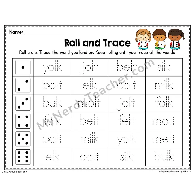 -LK, -LT, -LD Roll and Trace Worksheet — Lk, Lt, Ld Ending Blends Word Tracing