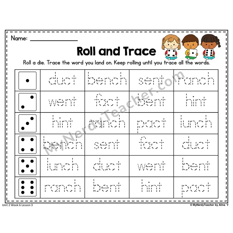 -NCH, -NT, -CT Roll and Trace Worksheet — Nch, Nt, Ct Ending Blends And Digraphs Word Tracing