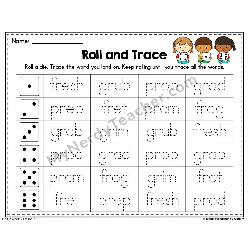 FR, GR, PR Roll and Trace Worksheet — Fr, Gr, Pr R-Blends Word Tracing
