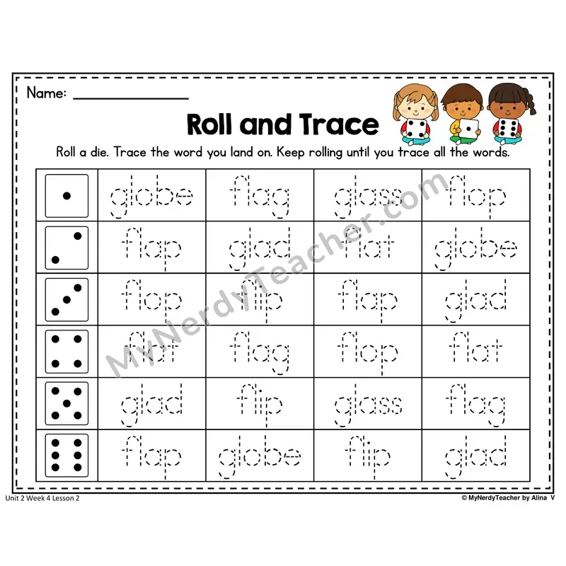 FL, GL Roll and Trace Worksheet — Fl, Gl L-Blends Word Tracing