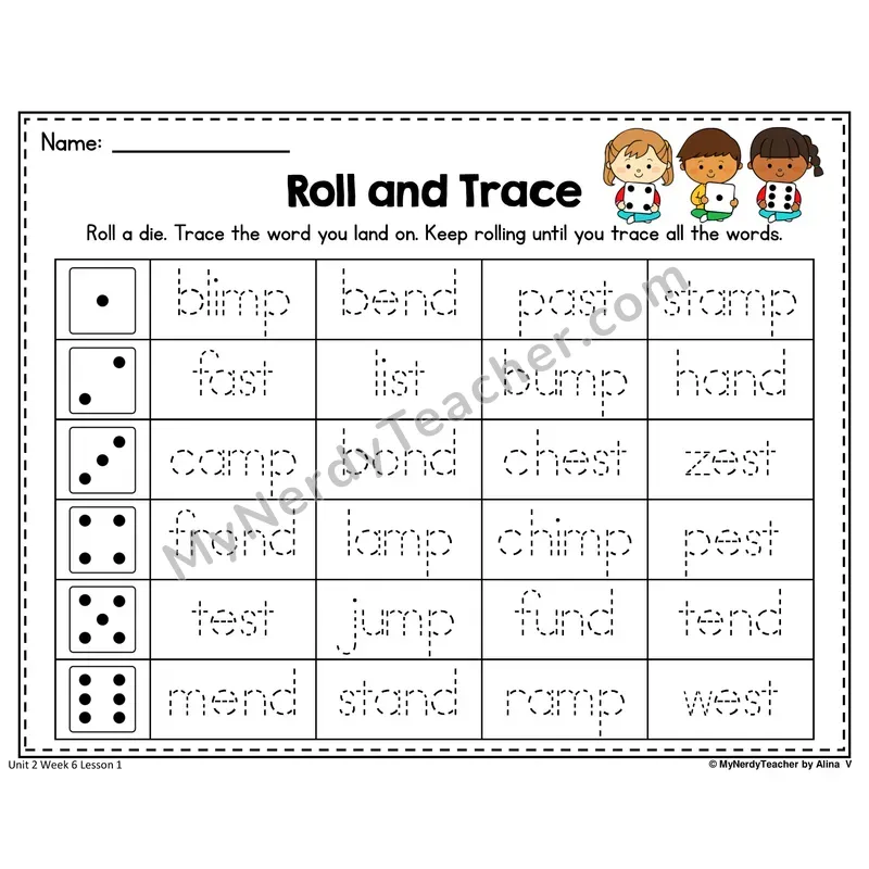 -MP, -ST, -ND Roll and Trace Worksheet — Mp, St, Nd Ending Blends Word Tracing