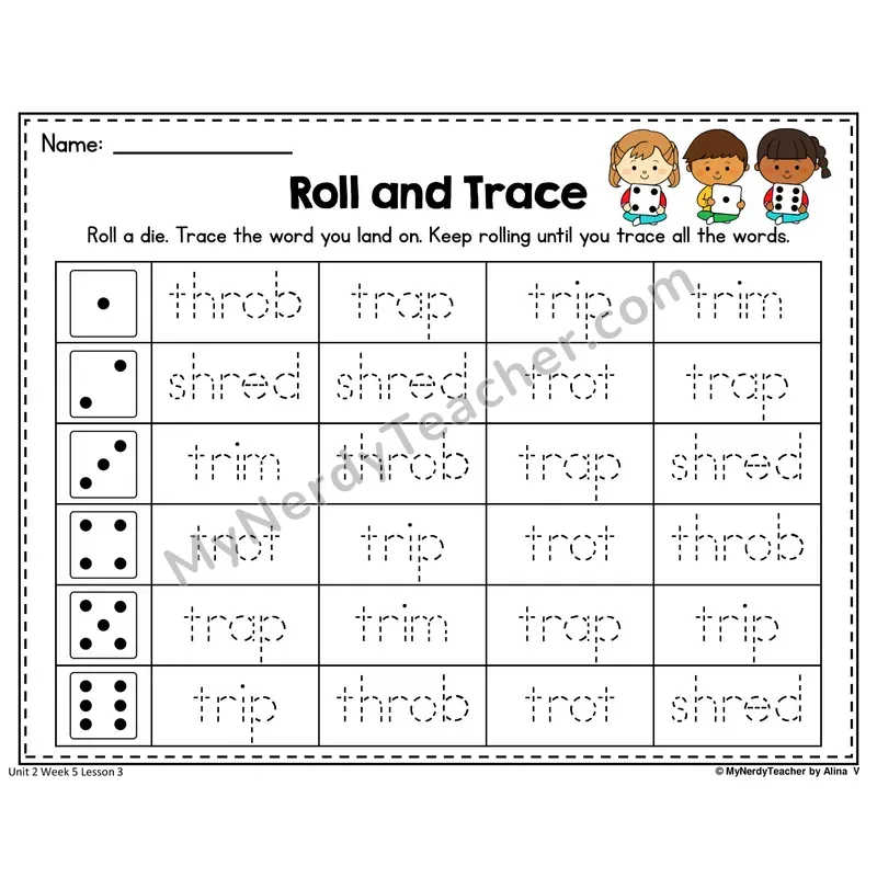 TR, SHR, THR Roll and Trace Worksheet — Tr, Shr, Thr Blends And Digraphs Word Tracing