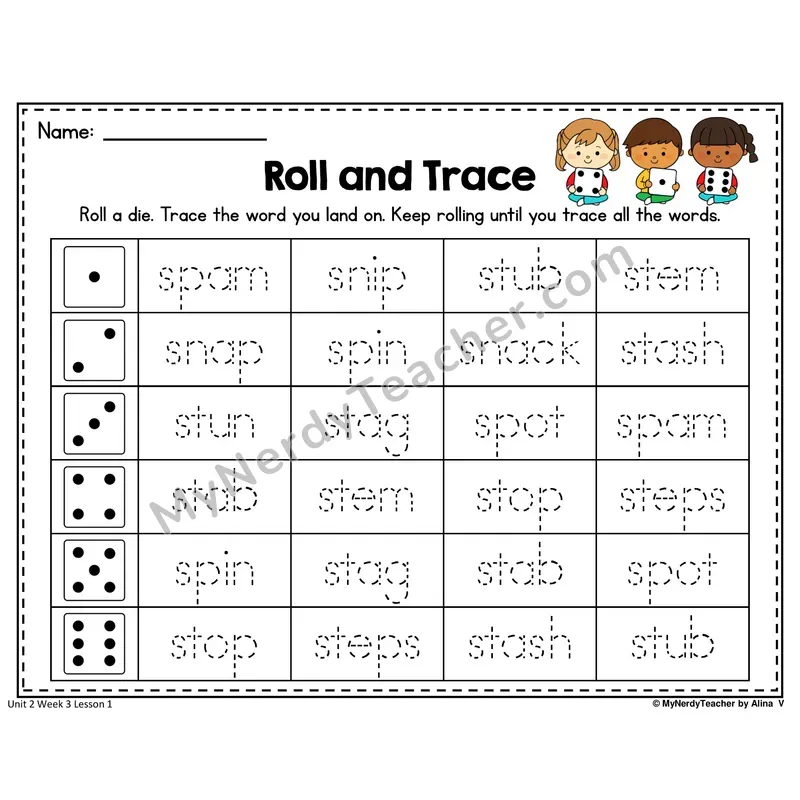 SP, ST, SN Roll and Trace Worksheet — Sp, St, Sn S-Blends Word Tracing