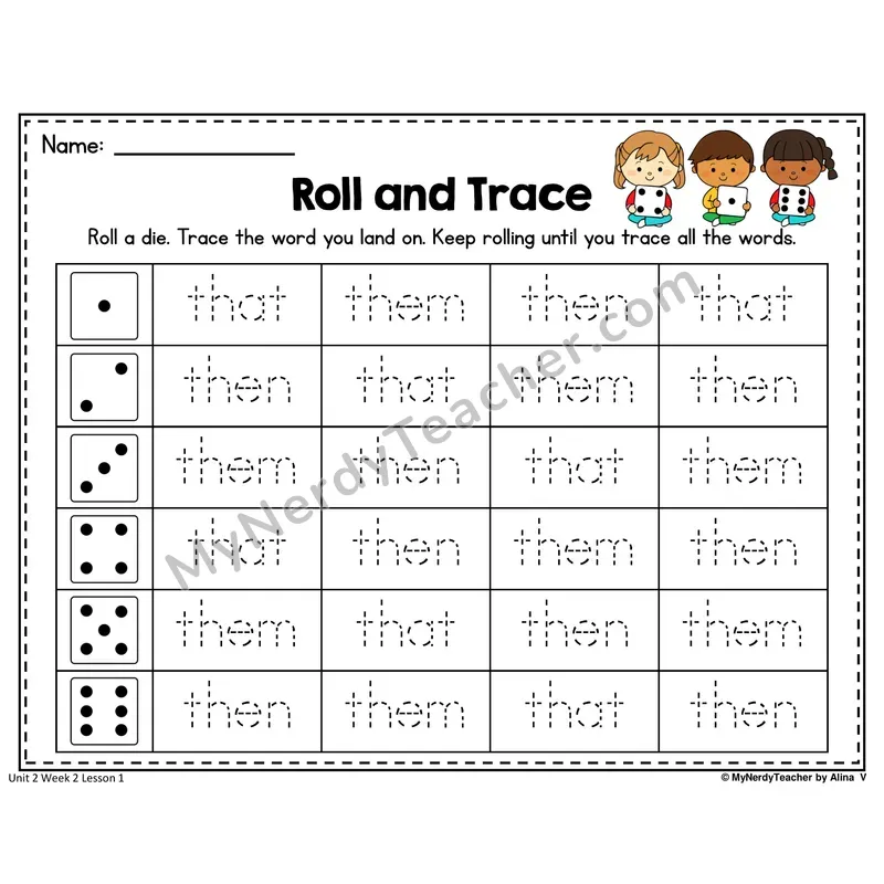 TH- VOICED Roll and Trace Worksheet — Voiced Th Digraph Word Tracing