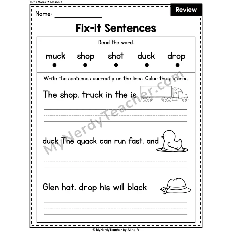Week 7 Review Fix-It Sentences Worksheet — Str, Spr, Scr, Scr, Spl, Spr Mixed Practice (Set 1 of 3)