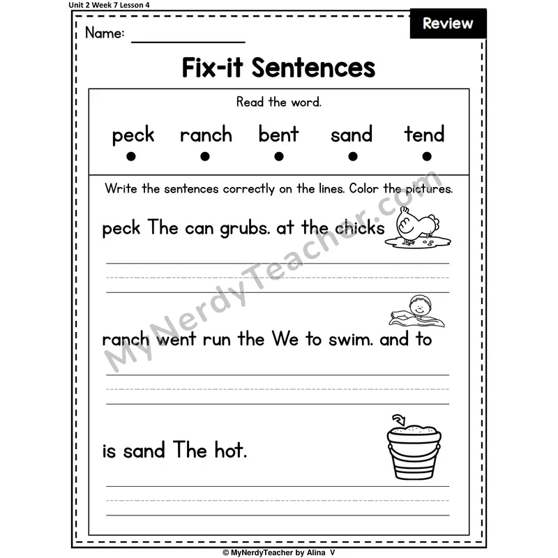 Week 7 Review Fix-It Sentences Worksheet — Str, Spr, Scr, Scr, Spl, Spr Mixed Practice (Set 2 of 3)