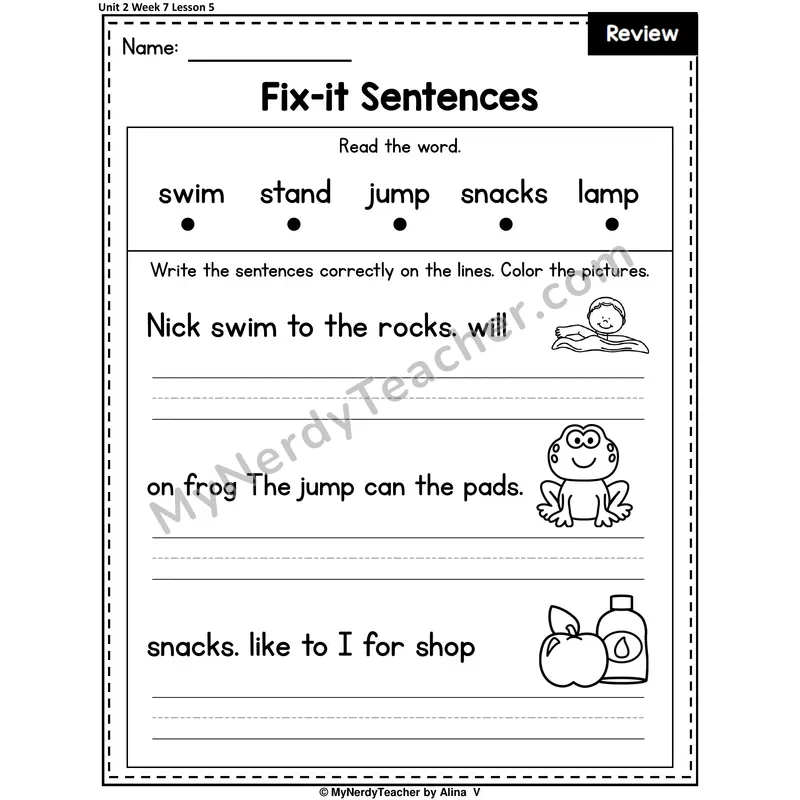Week 7 Review Fix-It Sentences Worksheet — Str, Spr, Scr, Scr, Spl, Spr Mixed Practice (Set 3 of 3)